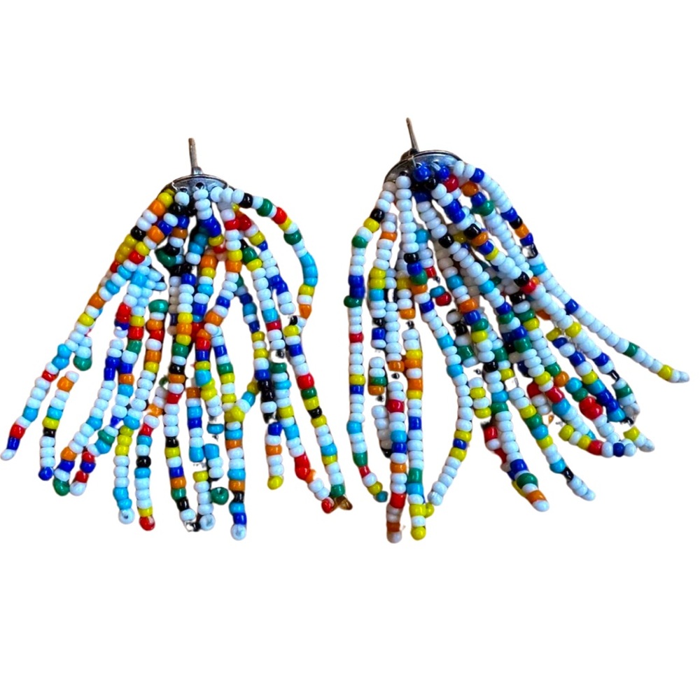 Vintage Multicolor Beaded Fringe Earrings – Boho Festival Statement Jewelry